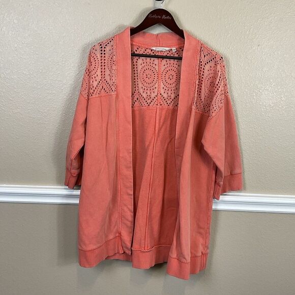 Soft Surroundings M Coral Reef Open Front Cardigan Ellie Topper Eyelet Lace E3 - Picture 2 of 12